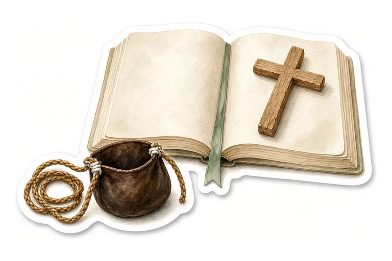 Open Bible, short sage bookmark, wooden cross on the right page, leather sling with braided cords