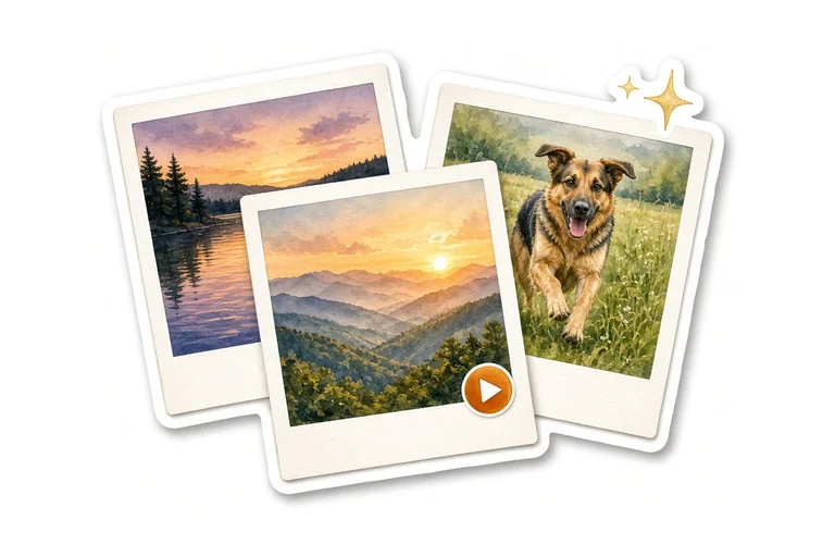 Fanned watercolor Polaroids — lake sunset, Smokies sunset with an amber play badge, Sally running